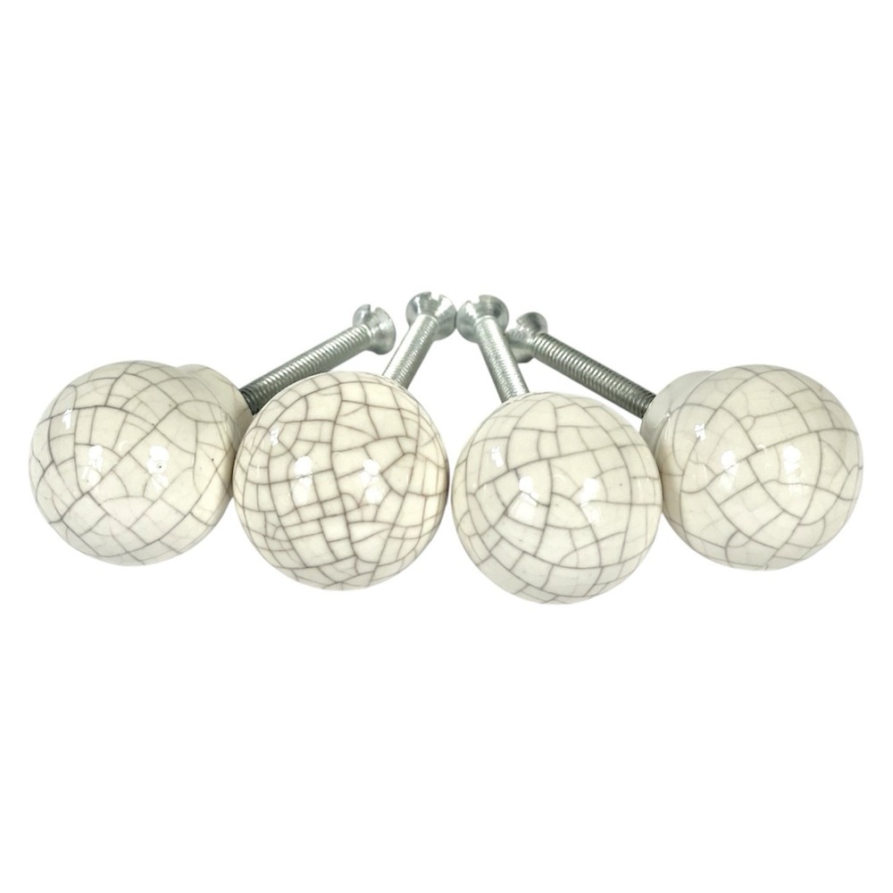 Set of 4 Ceramic Crackle White Cabinet Knobs Round Drawer Pulls 1"